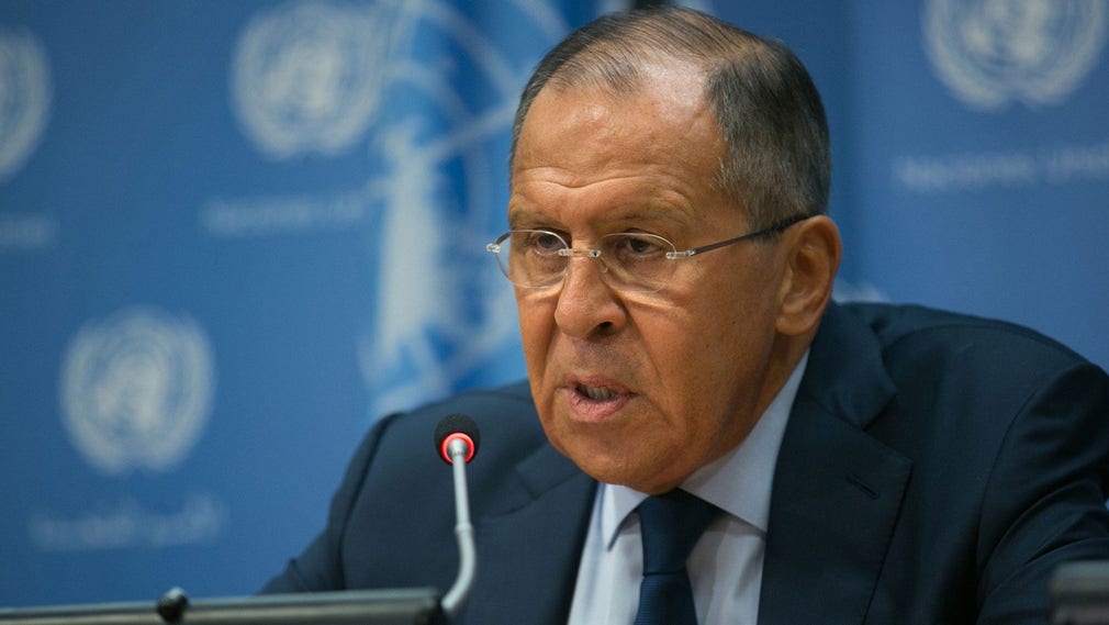 Rysslands utrikesminister Sergej Lavrov under pressträffen i New York.