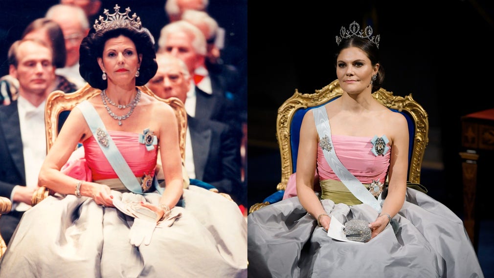 Kronprinsessan Victoria återanvände drottning Silvias klänning från Nobelfesten 1995.