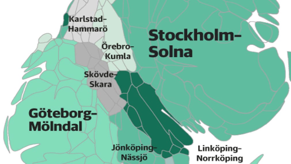 En karta där man tagit hänsyn till hur mycket plats olika regioner skulle behöva om alla svenskar skulle ha lika mycket plats att leva på. Stockholm-Solna skulle exempelvis utgöra en mycket större del av Sverige i en sådan analys. Se hela kartan nedan. Färgsättning enda syfte är att tydliggöra gränserna mellan de olika regionerna.