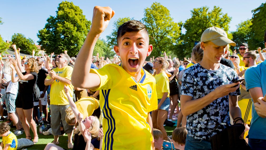 Supportrar i Folkets Park i Malmö jublar efter Sverige gjort 1-0.