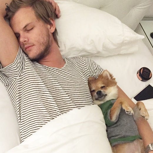 Tim Bergling and his dog Oliver take a nap.