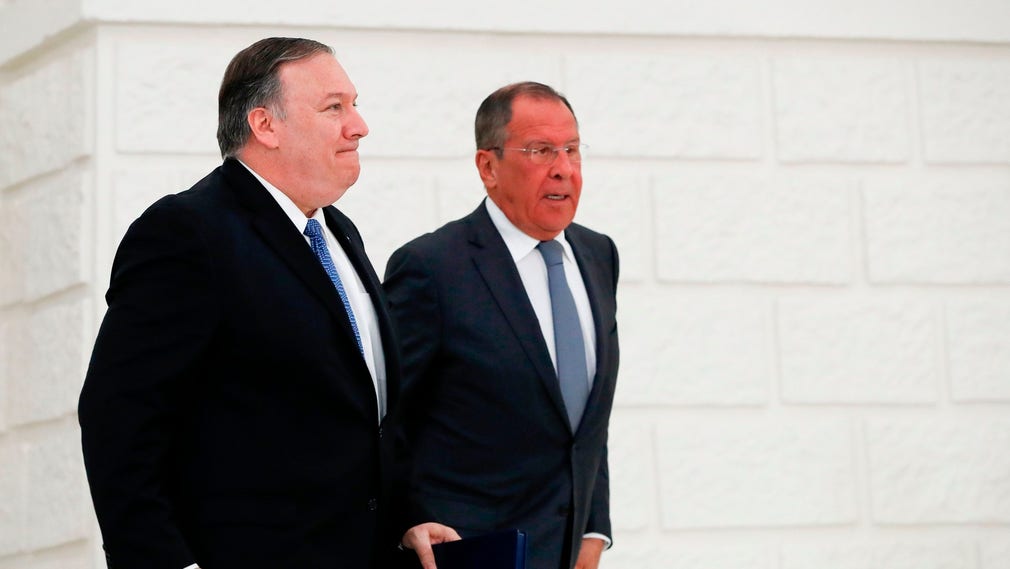 USA:s utrikesminister Mike Pompeo och Rysslands dito Sergei Lavrov efter en presskonferens i samband med deras möte i Sotji på tisdagen.