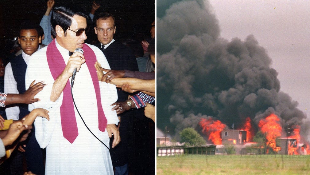 Till vänster: Jim Jones, ledaren för den kristna sekten Folkets tempel. Till höger: FBI:s stormning av sekten Davidianernas ranch utanför Waco i Texas.