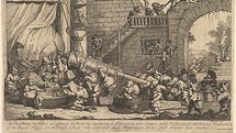 Gravören William Hogarths utsvävning kring ”Gullivers resor”: Gulliver får ett lavemang av lilliputtarna.