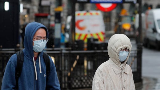 Fotgängare i London med ansiktsmasker.