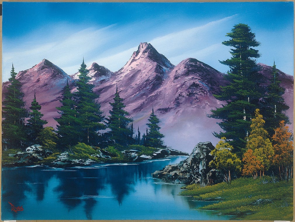 "Purple mountain range" (1992) av Bob Ross, ASMR-fenomenets anfader.