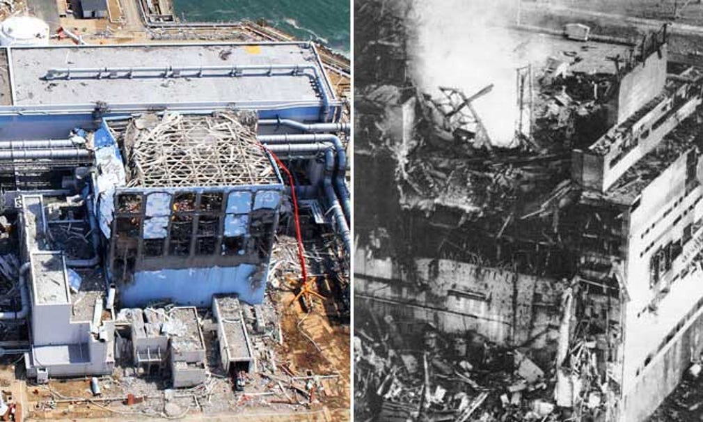 Två bilder av en havererad fjärde reaktor: Fukushima 2011 respektive Tjernobyl 1986.